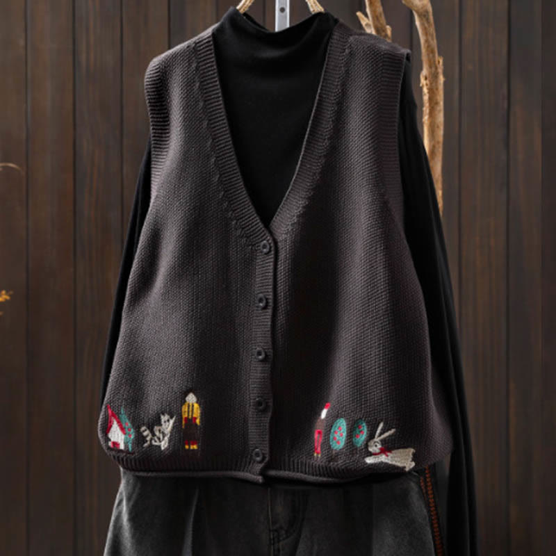 Ärmellose Damenweste aus Baumwolle mit Buddha Stones, Hasenmotiv, Baumstickerei und Knöpfen - Grau - US4-6, UK/AU8-10, EU36-38 (F) - image 18