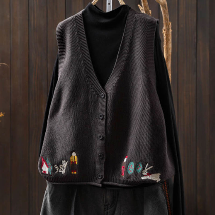 Ärmellose Damenweste aus Baumwolle mit Buddha Stones, Hasenmotiv, Baumstickerei und Knöpfen - Grau - US4-6, UK/AU8-10, EU36-38 (F) - image 18