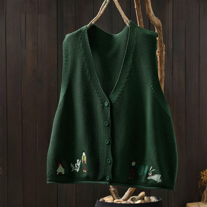 Ärmellose Damenweste aus Baumwolle mit Buddha Stones, Hasenmotiv, Baumstickerei und Knöpfen - image 3