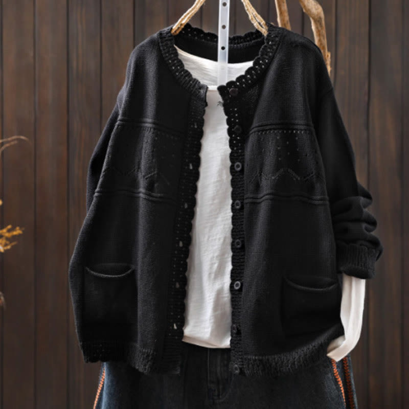 Buddha Stones Herbstspitze Knöpfe Baumwolle Damen Langarm Strickcardigan mit Taschen - Schwarz - US4-6, UK/AU8-10, EU36-38 (F) - image 23