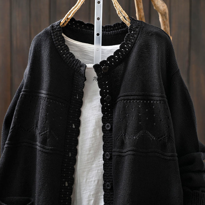 Buddha Stones Herbstspitze Knöpfe Baumwolle Damen Langarm Strickcardigan mit Taschen - image 24