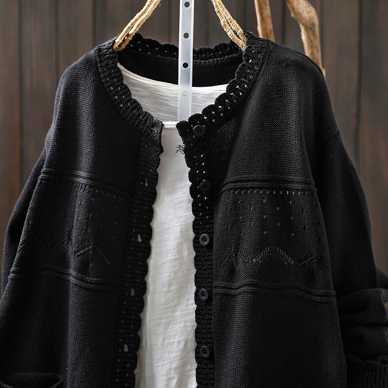 Buddha Stones Herbstspitze Knöpfe Baumwolle Damen Langarm Strickcardigan mit Taschen - image 24