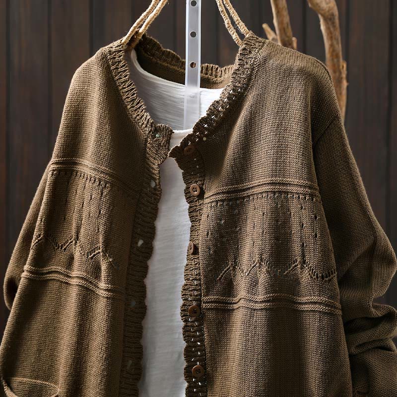 Buddha Stones Herbstspitze Knöpfe Baumwolle Damen Langarm Strickcardigan mit Taschen - image 22