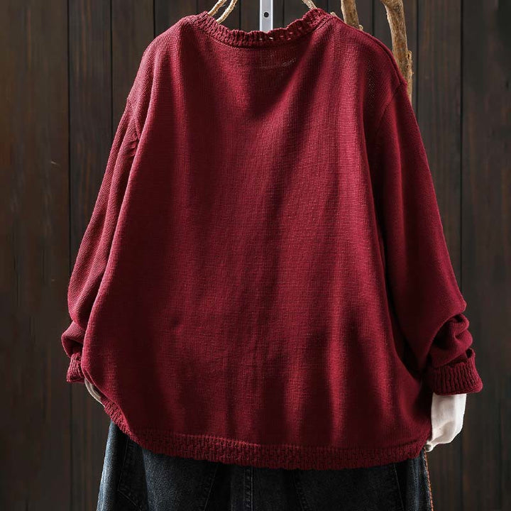 Buddha Stones Herbstspitze Knöpfe Baumwolle Damen Langarm Strickcardigan mit Taschen - image 2
