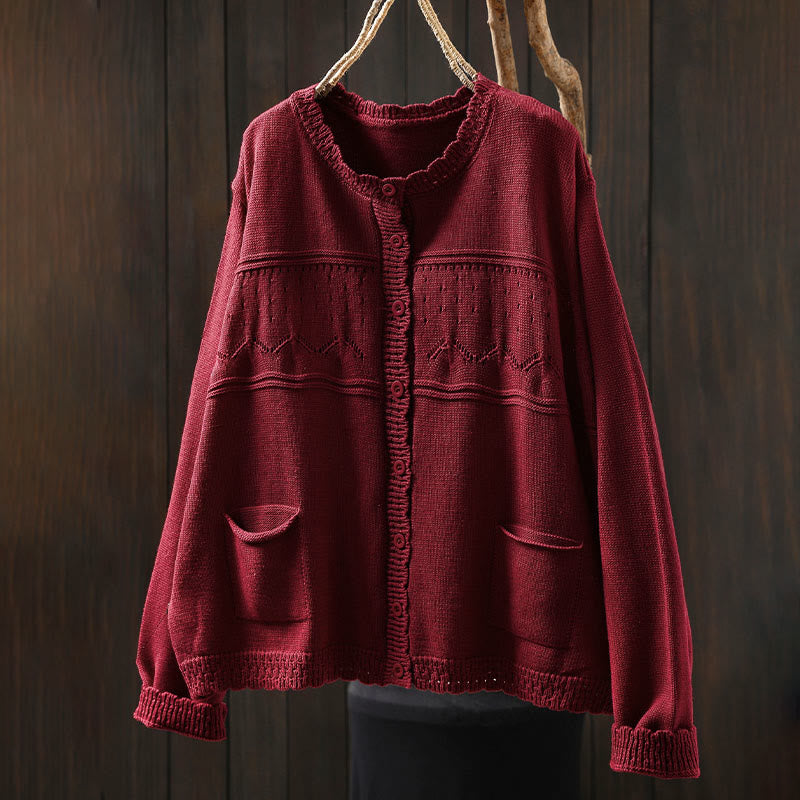 Buddha Stones Herbstspitze Knöpfe Baumwolle Damen Langarm Strickcardigan mit Taschen - image 1