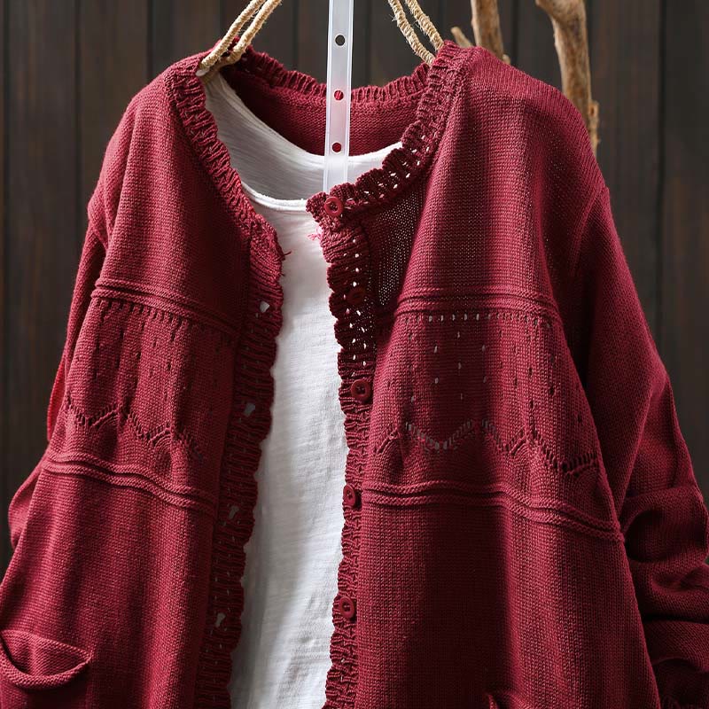 Buddha Stones Herbstspitze Knöpfe Baumwolle Damen Langarm Strickcardigan mit Taschen - image 3