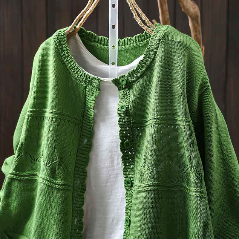 Buddha Stones Herbstspitze Knöpfe Baumwolle Damen Langarm Strickcardigan mit Taschen - image 25