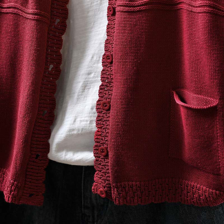 Buddha Stones Herbstspitze Knöpfe Baumwolle Damen Langarm Strickcardigan mit Taschen - image 7