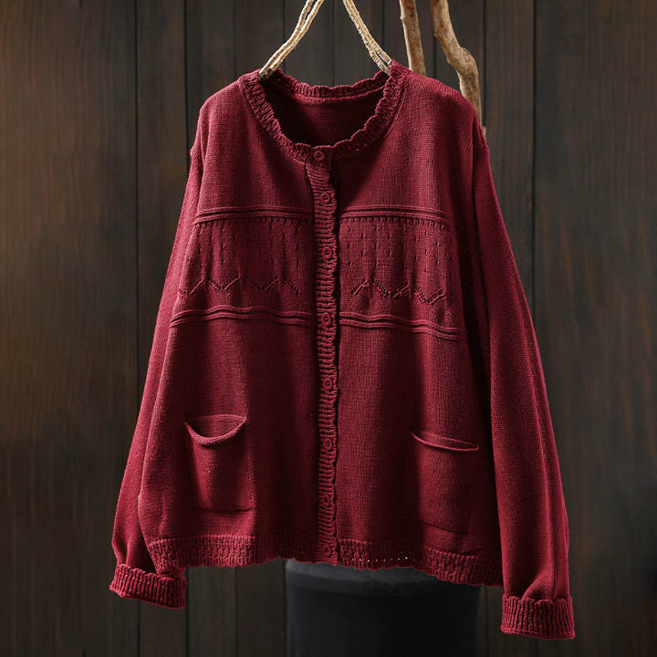 Buddha Stones Herbstspitze Knöpfe Baumwolle Damen Langarm Strickcardigan mit Taschen - image 1