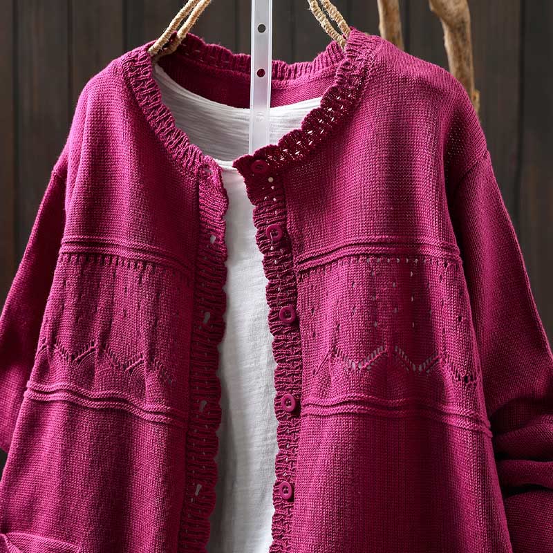 Buddha Stones Herbstspitze Knöpfe Baumwolle Damen Langarm Strickcardigan mit Taschen - image 19