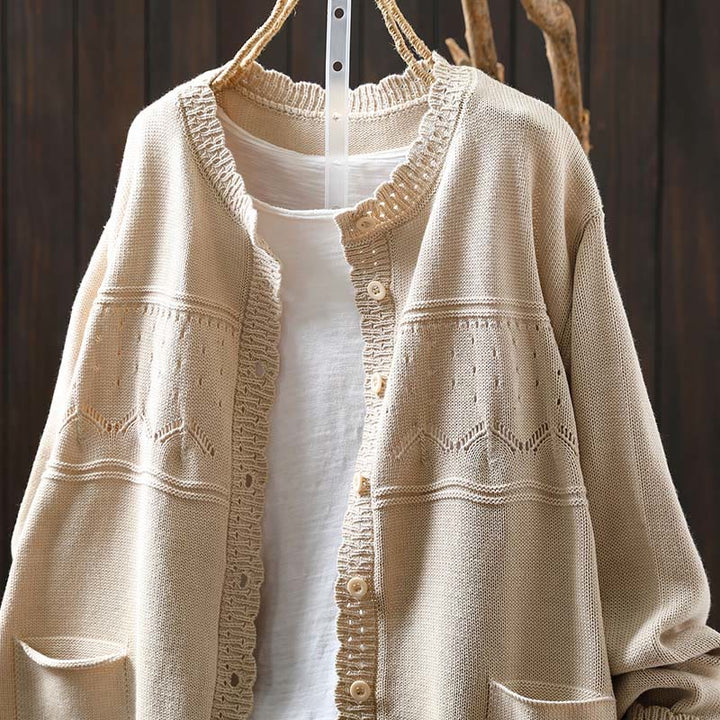 Buddha Stones Herbstspitze Knöpfe Baumwolle Damen Langarm Strickcardigan mit Taschen - image 15