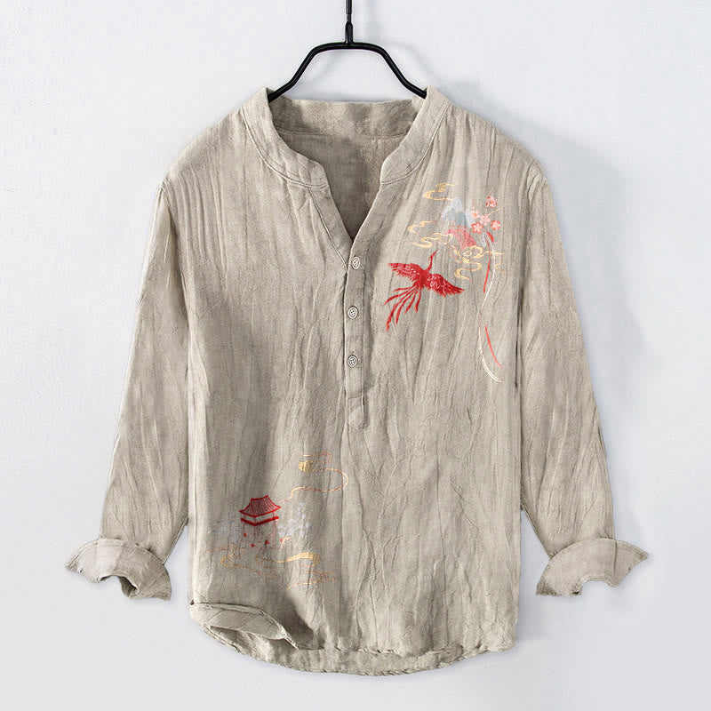 Herren-Langarmhemd aus Baumwolle und Leinen mit Buddha Stones, Phönix-Pavillons und Wolkenmuster sowie halben Knöpfen. - Leinen - US/ UK/AU50, EU60 (5XL) - image 3