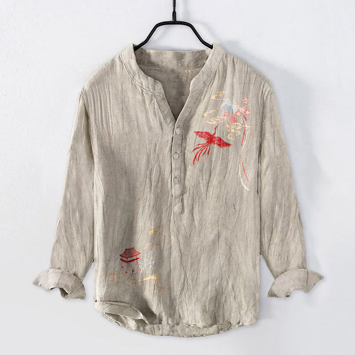 Herren-Langarmhemd aus Baumwolle und Leinen mit Buddha Stones, Phönix-Pavillons und Wolkenmuster sowie halben Knöpfen. - Leinen - US/ UK/AU50, EU60 (5XL) - image 3