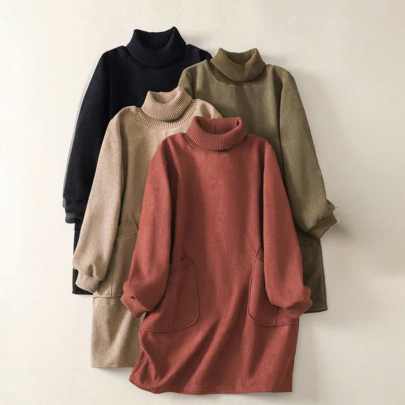 Buddha Stones Winterkleid mit hohem Kragen, warmer Baumwolle, langen Ärmeln und Taschen für Damen - image 0