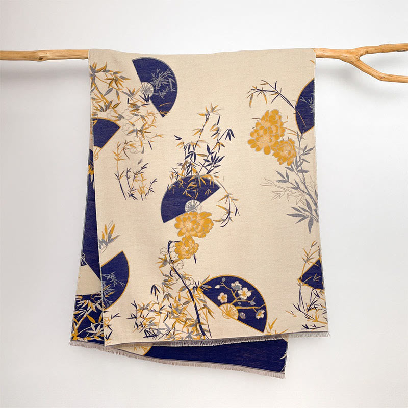 Buddha Stones ​​Winterfächer Bambus Pfingstrosenmuster Kuscheliger Schal Stola - image 1