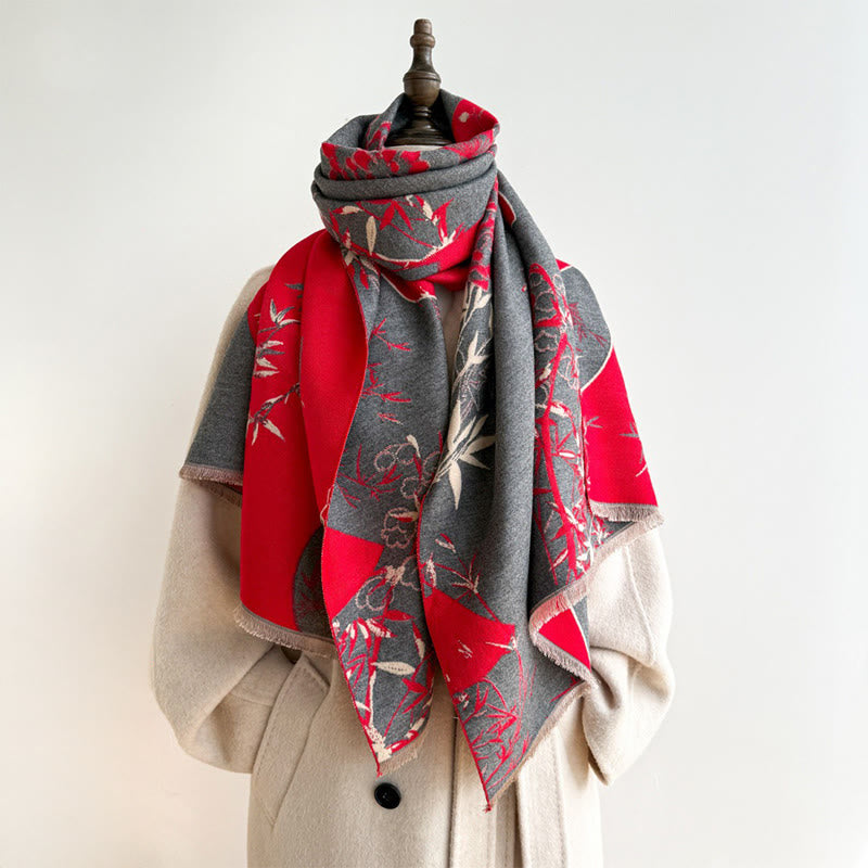 Buddha Stones ​​Winterfächer Bambus Pfingstrosenmuster Kuscheliger Schal Stola - image 6