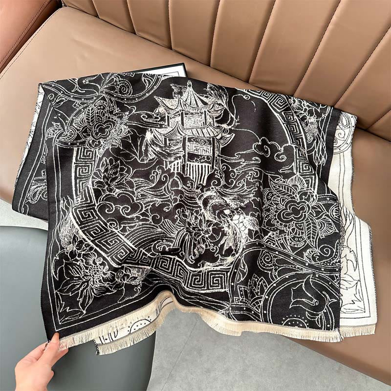 Buddha Stones ​​Herbstpavillon Koi-Fische Blumen Wellenmuster Kuscheliger Schal Stola - Schwarz - 180 x 65 cm - image 4