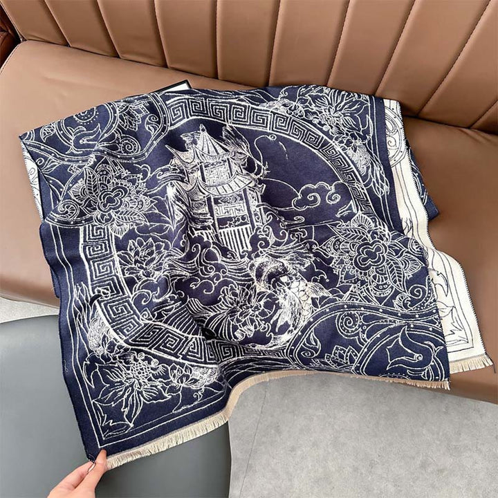 Buddha Stones ​​Herbstpavillon Koi-Fische Blumen Wellenmuster Kuscheliger Schal Stola - SteelBlue - 180 x 65 cm - image 9