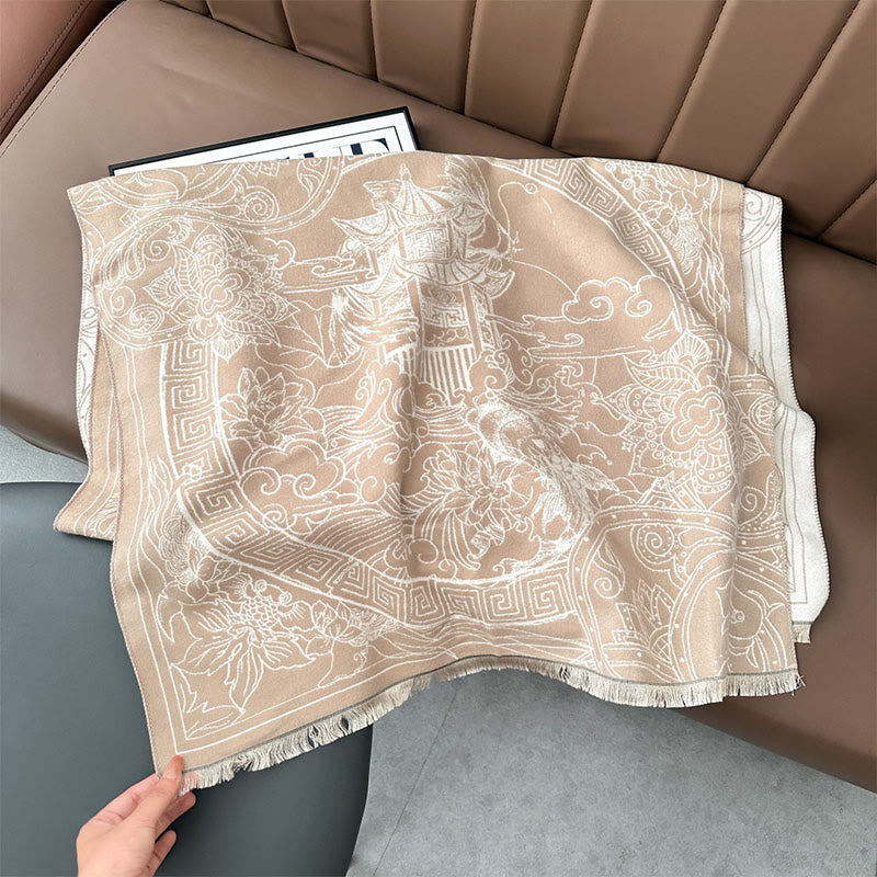 Buddha Stones ​​Herbstpavillon Koi-Fische Blumen Wellenmuster Kuscheliger Schal Stola - Papaya-Sahne - 180 x 65 cm - image 13