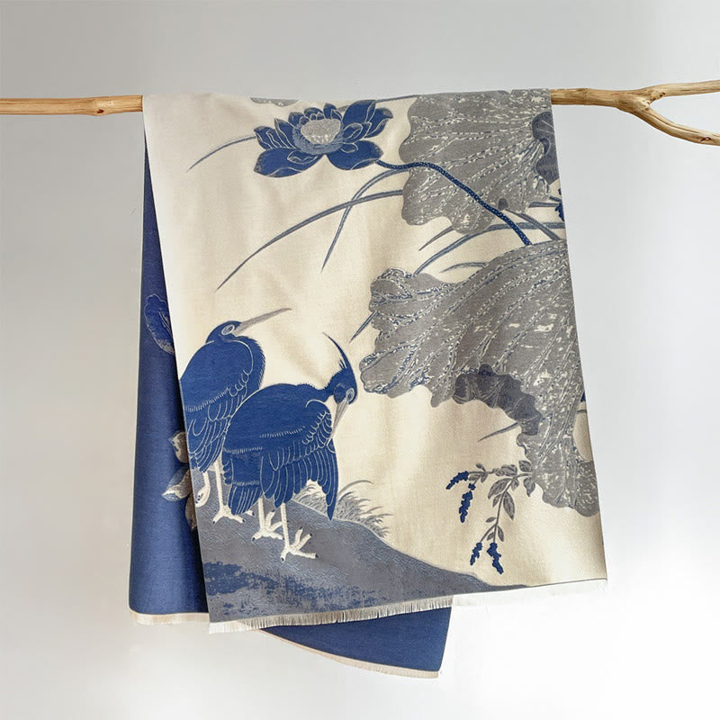 Buddha Stones, Winterstorch, Lotusblumen, Blättermuster, weicher Schal/Stola - SteelBlue - 180 x 65 cm - image 8