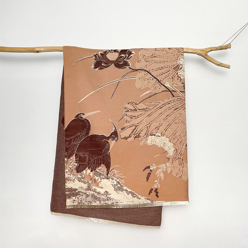 Buddha Stones, Winterstorch, Lotusblumen, Blättermuster, weicher Schal/Stola - SandyBrown - 180 x 65 cm - image 12