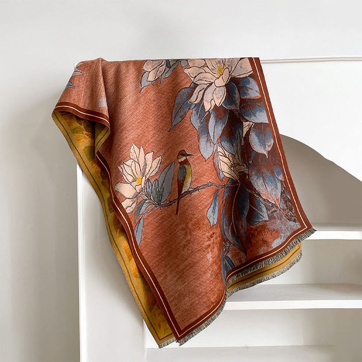 Buddha Stones, Winterweiße Magnolienblüten, Kleines Vogelmuster, Warmer, Kuscheliger Schal - Koralle - 185 x 65 cm - image 8