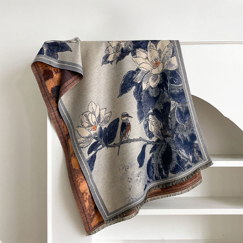 Buddha Stones, Winterweiße Magnolienblüten, Kleines Vogelmuster, Warmer, Kuscheliger Schal - SteelBlue - 185 x 65 cm - image 11
