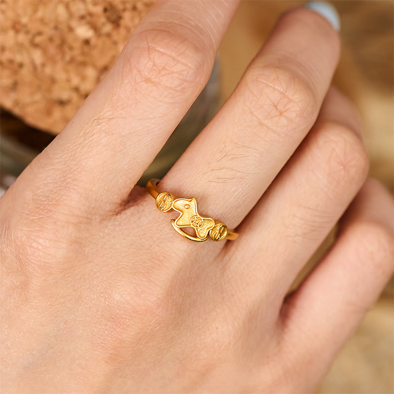 Buddha Stones ​​Jahr des Pferdes 24 Karat vergoldeter Messing-Kupfer-Münzen-Verstellbarer Ring - image 4