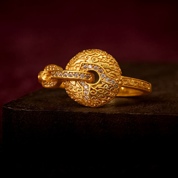 Buddha Stones, 24 Karat vergoldetes Messing, hohl geschnitztes Design, Friedensschnalle, verstellbarer Glücksring - Einstellbar - image 0