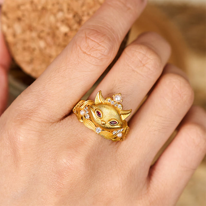 Buddha Stones, Fuchskopf-Design, 24 Karat vergoldeter Messingring, verstellbar - image 4