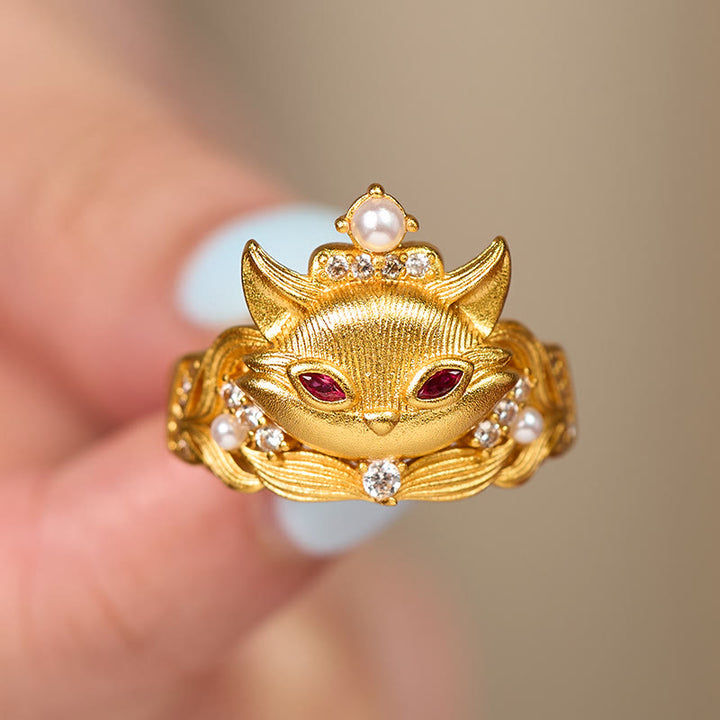 Buddha Stones, Fuchskopf-Design, 24 Karat vergoldeter Messingring, verstellbar - image 3