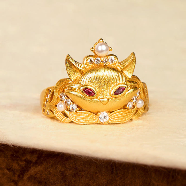 Buddha Stones, Fuchskopf-Design, 24 Karat vergoldeter Messingring, verstellbar - image 2