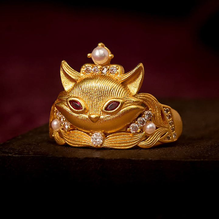 Buddha Stones, Fuchskopf-Design, 24 Karat vergoldeter Messingring, verstellbar - Einstellbar - image 0