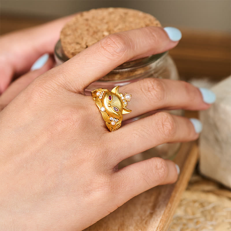 Buddha Stones, Fuchskopf-Design, 24 Karat vergoldeter Messingring, verstellbar - image 5