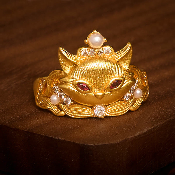 Buddha Stones, Fuchskopf-Design, 24 Karat vergoldeter Messingring, verstellbar - image 1