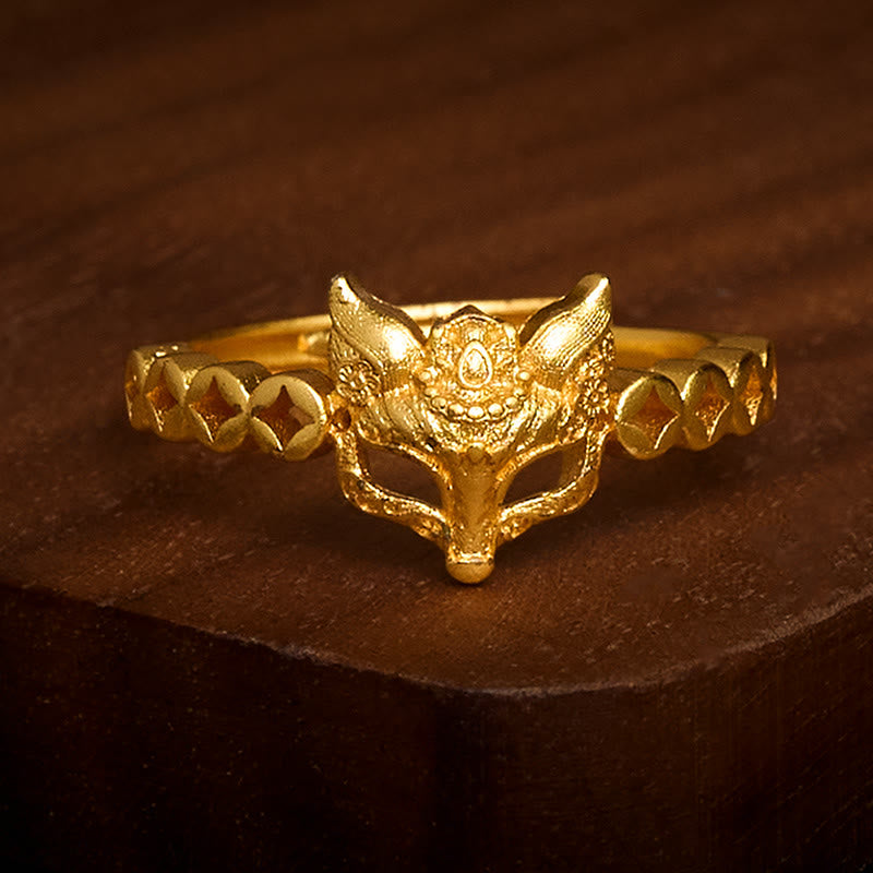 Buddha Stones, 24 Karat vergoldeter Messingring mit Fuchsmotiv und hohlem Design, verstellbar - image 1