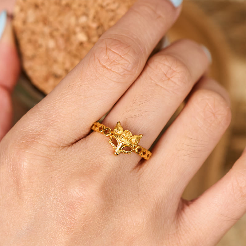 Buddha Stones, 24 Karat vergoldeter Messingring mit Fuchsmotiv und hohlem Design, verstellbar - image 4