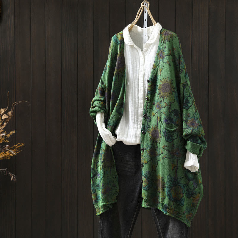 Buddha Stones Sonnenblumen-Strickcardigan für Damen mit langen Ärmeln, langen Ärmeln und Taschen, mittellang mit Knöpfen - Mittelseegrün - US4-8/10, UK/AU8-12/14, EU36-40/42 (F) - image 0