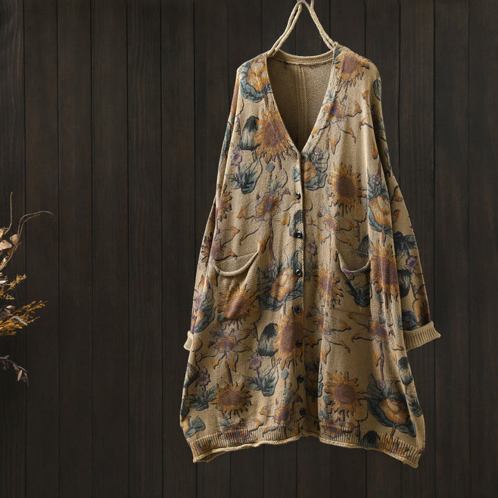 Buddha Stones Sonnenblumen-Strickcardigan für Damen mit langen Ärmeln, langen Ärmeln und Taschen, mittellang mit Knöpfen - Blassgoldenrode - US4-8/10, UK/AU8-12/14, EU36-40/42 (F) - image 19