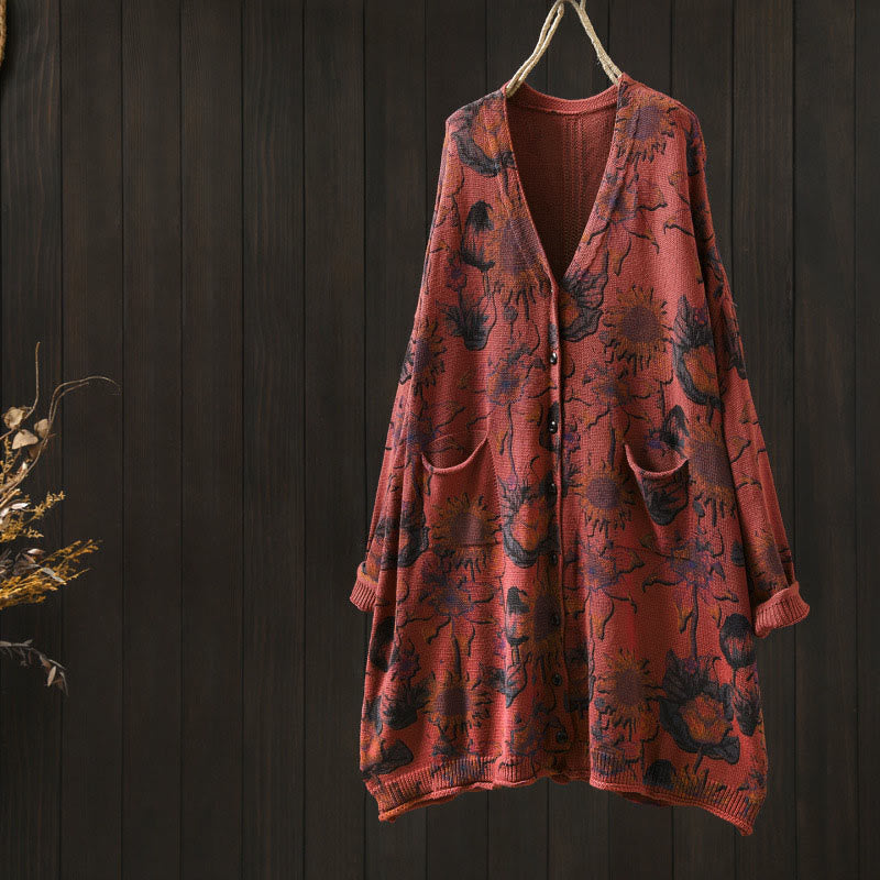 Buddha Stones Sonnenblumen-Strickcardigan für Damen mit langen Ärmeln, langen Ärmeln und Taschen, mittellang mit Knöpfen - Rot - US4-8/10, UK/AU8-12/14, EU36-40/42 (F) - image 12