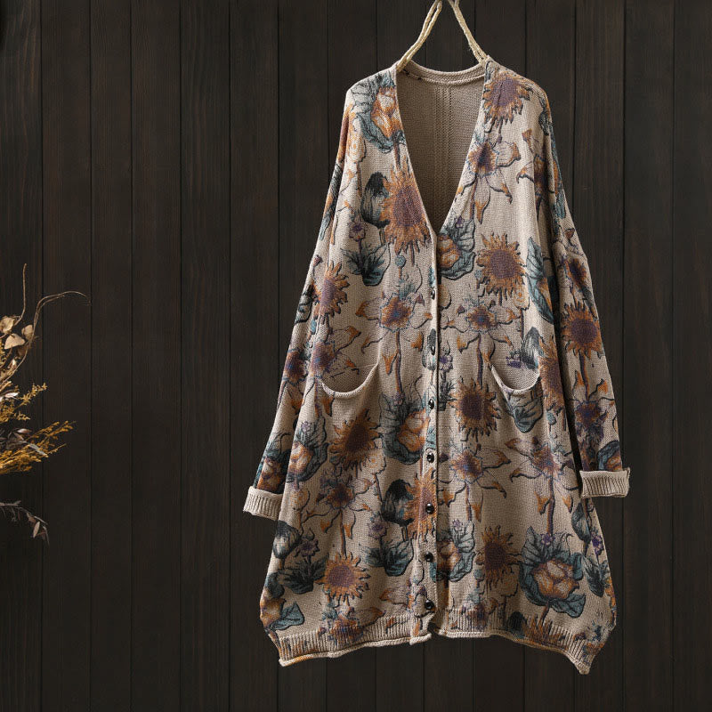 Buddha Stones Sonnenblumen-Strickcardigan für Damen mit langen Ärmeln, langen Ärmeln und Taschen, mittellang mit Knöpfen - Beige - US4-8/10, UK/AU8-12/14, EU36-40/42 (F) - image 17