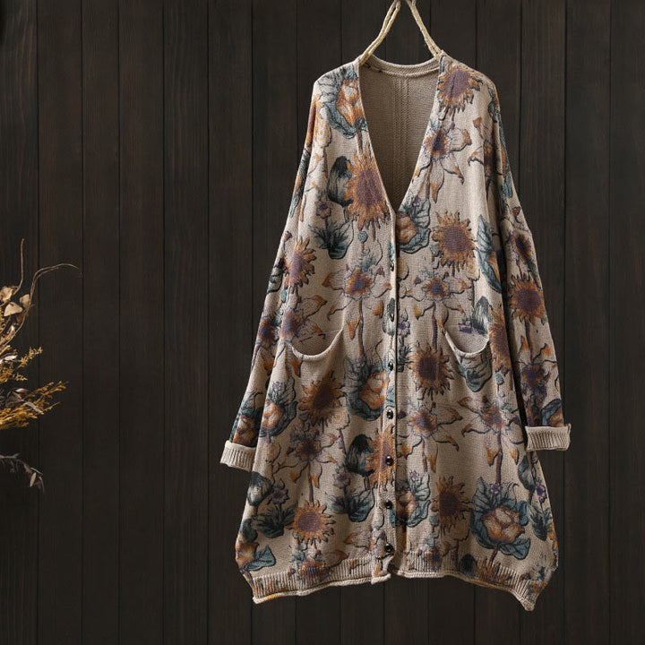 Buddha Stones Sonnenblumen-Strickcardigan für Damen mit langen Ärmeln, langen Ärmeln und Taschen, mittellang mit Knöpfen - Beige - US4-8/10, UK/AU8-12/14, EU36-40/42 (F) - image 17