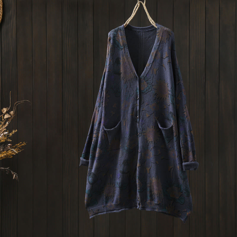 Buddha Stones Sonnenblumen-Strickcardigan für Damen mit langen Ärmeln, langen Ärmeln und Taschen, mittellang mit Knöpfen - Mitternachtsblau - US4-8/10, UK/AU8-12/14, EU36-40/42 (F) - image 23