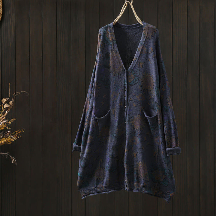 Buddha Stones Sonnenblumen-Strickcardigan für Damen mit langen Ärmeln, langen Ärmeln und Taschen, mittellang mit Knöpfen - Mitternachtsblau - US4-8/10, UK/AU8-12/14, EU36-40/42 (F) - image 23