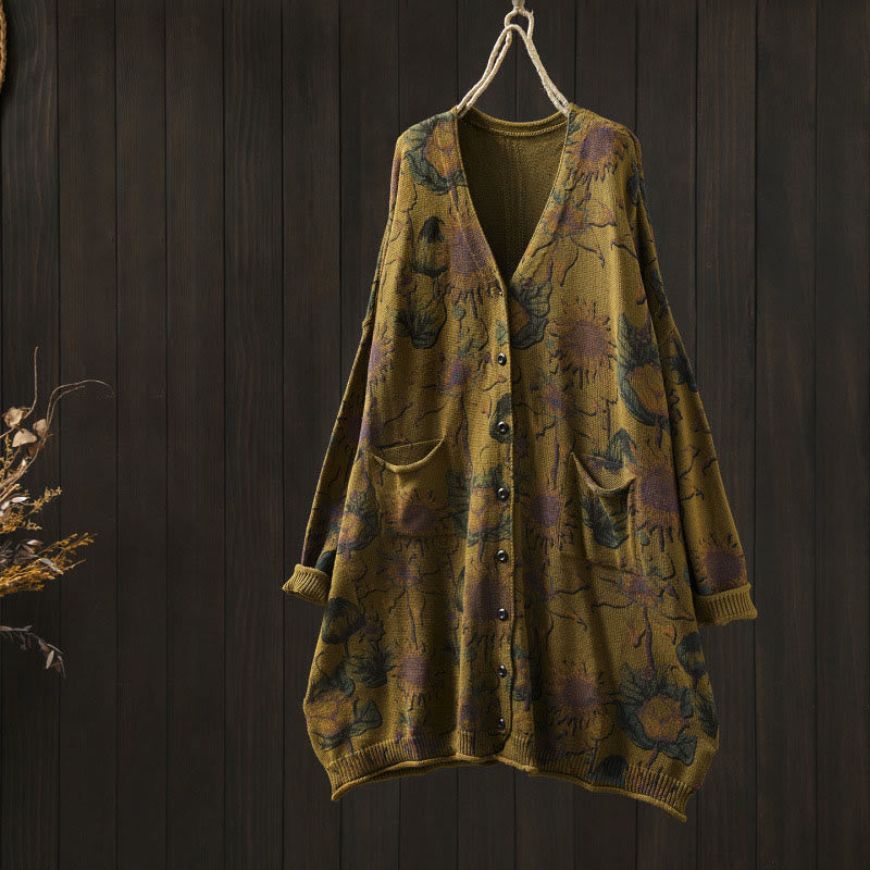 Buddha Stones Sonnenblumen-Strickcardigan für Damen mit langen Ärmeln, langen Ärmeln und Taschen, mittellang mit Knöpfen - Dunkelgoldenrod - US4-8/10, UK/AU8-12/14, EU36-40/42 (F) - image 15