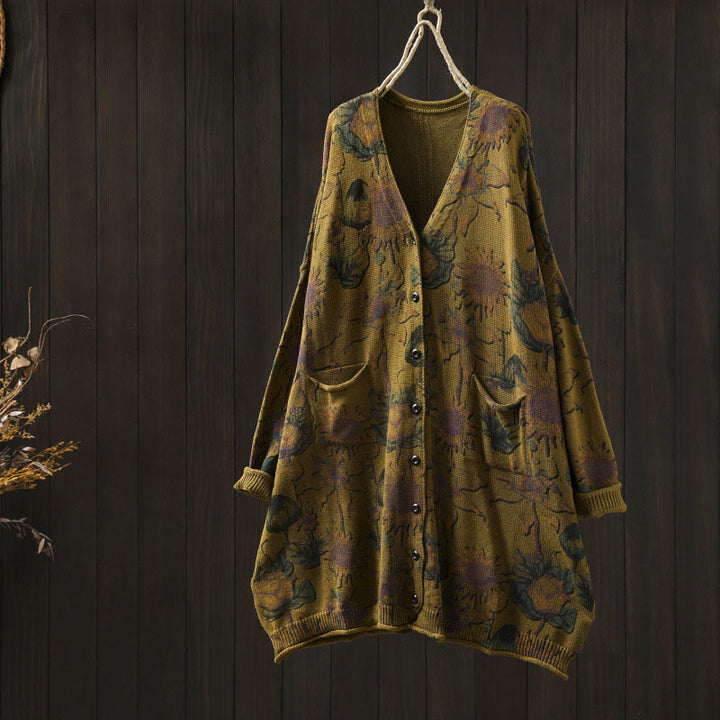 Buddha Stones Sonnenblumen-Strickcardigan für Damen mit langen Ärmeln, langen Ärmeln und Taschen, mittellang mit Knöpfen - Dunkelgoldenrod - US4-8/10, UK/AU8-12/14, EU36-40/42 (F) - image 15