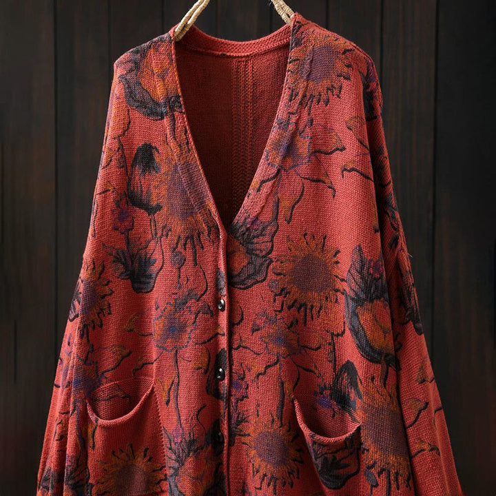 Buddha Stones Sonnenblumen-Strickcardigan für Damen mit langen Ärmeln, langen Ärmeln und Taschen, mittellang mit Knöpfen - image 13