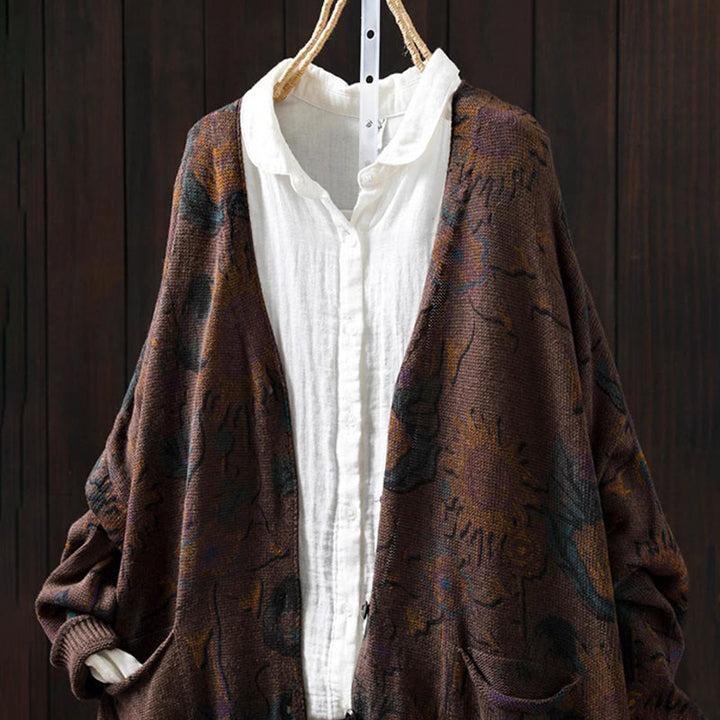 Buddha Stones Sonnenblumen-Strickcardigan für Damen mit langen Ärmeln, langen Ärmeln und Taschen, mittellang mit Knöpfen - image 22