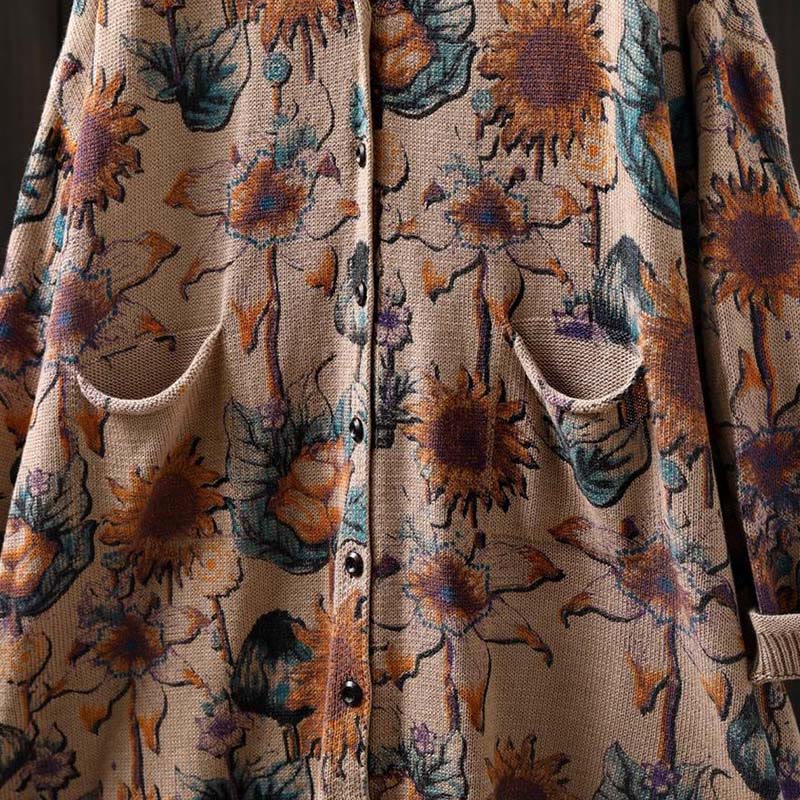 Buddha Stones Sonnenblumen-Strickcardigan für Damen mit langen Ärmeln, langen Ärmeln und Taschen, mittellang mit Knöpfen - image 18