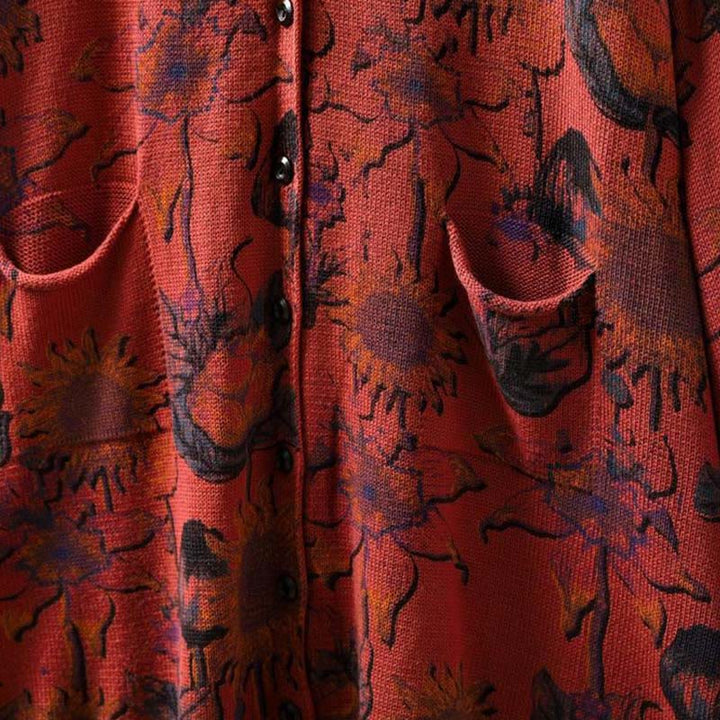 Buddha Stones Sonnenblumen-Strickcardigan für Damen mit langen Ärmeln, langen Ärmeln und Taschen, mittellang mit Knöpfen - image 14